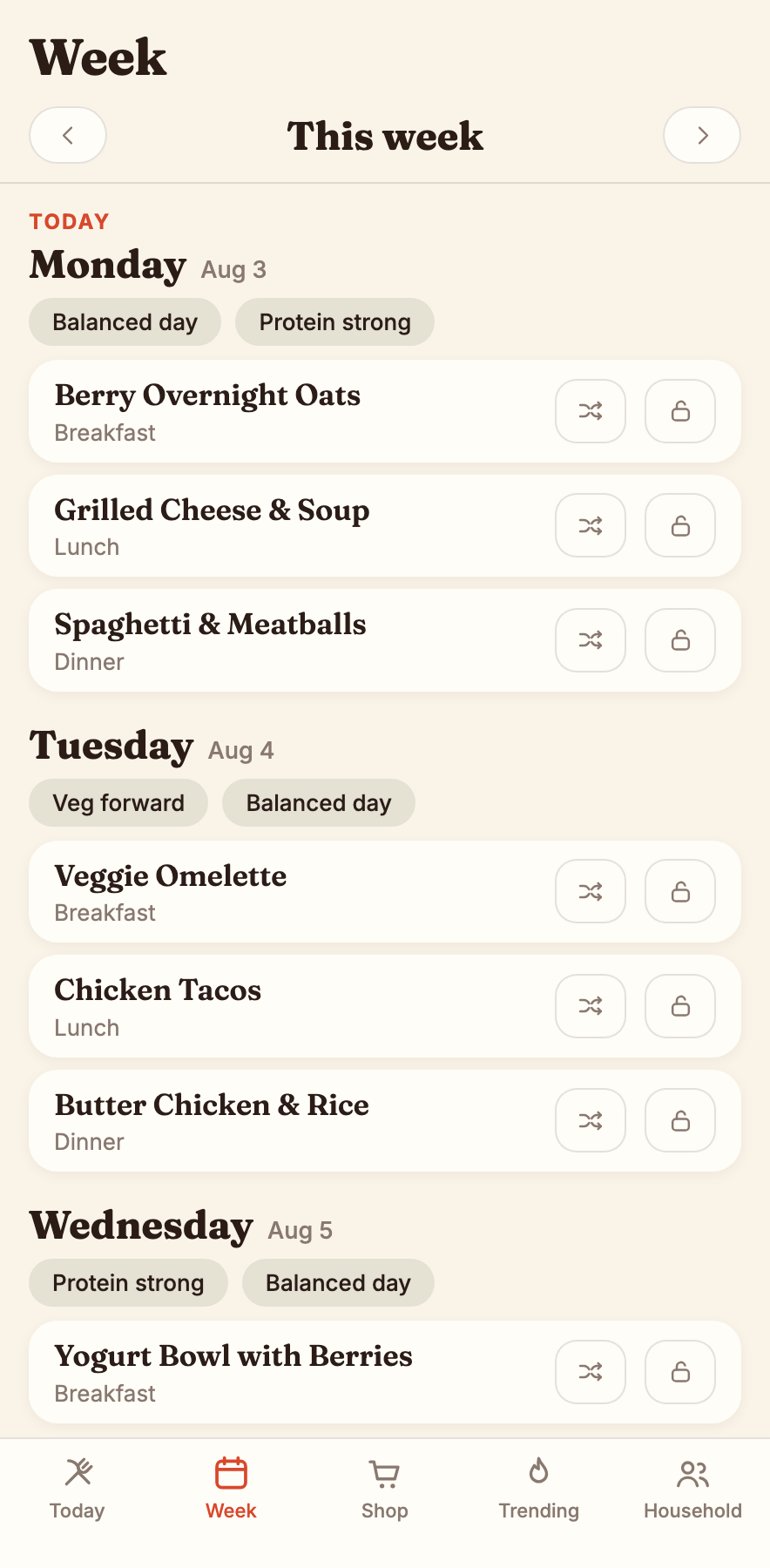 The Dinejot week view showing a family's planned meals, with a whole plate for breakfast, lunch, and dinner on each day